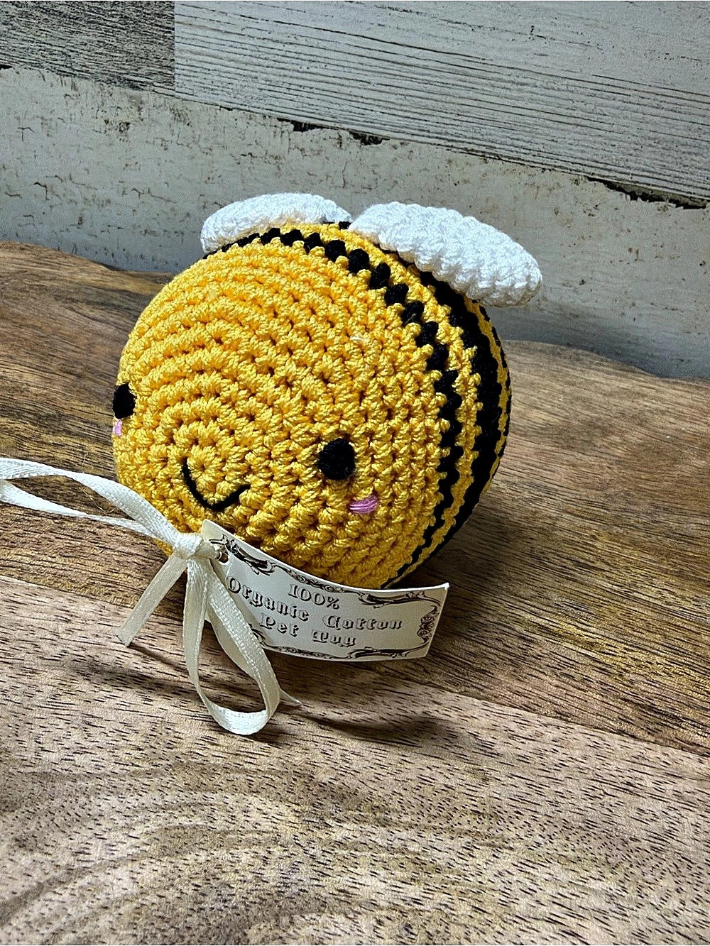 Organic Cotton Crochet Bee Dog Squeaky Toy Yellow & Black NWT